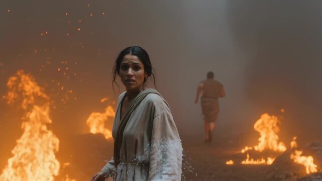 Biblical scene: Lot's wife turning into a pillar of salt during the destruction of Sodom and Gomorrah, covered in white salt crystals.