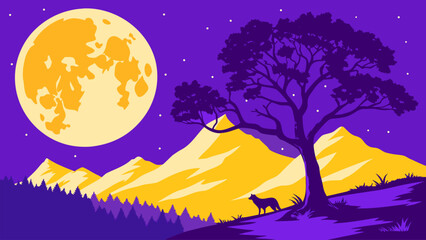 Colorful vector landscape with a glowing full moon, lone tree silhouette, and mountain range. Perfect for nature themes, night scenery, outdoor adventure posters, travel graphics, and scenic backgroun © yossi