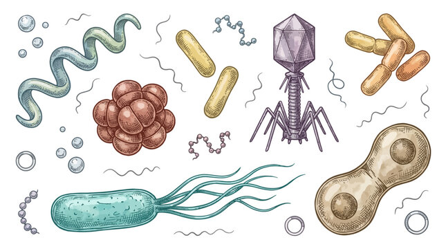 Microorganisms and Bacteria Collection Vector Illustration, Vintage Hand Drawn Microbes, Viruses, and Bacteriophage Sketches for Science and Medical Research