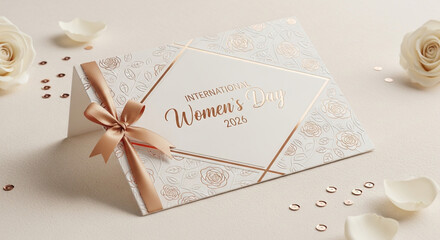 Naklejka premium Elegant women's day gift box with rose gold ribbon and pearls on white marble