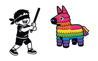 Blindfolded boy happily playing pi&ntilde;ata game during a party, swinging a stick at a colorful donkey pi&ntilde;ata