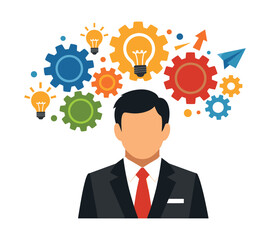 Businessman generating new business concepts, innovative solutions, and strategic plans with brainstorming gears and creative lightbulbs