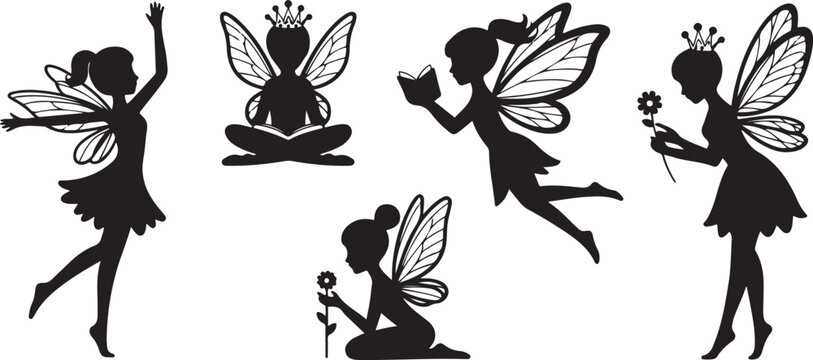 Fairy silhouettes. Funny fairies in different poses. Little creatures with wings. Mythical fairy tale characters in cute dresses. black icon drawing vector