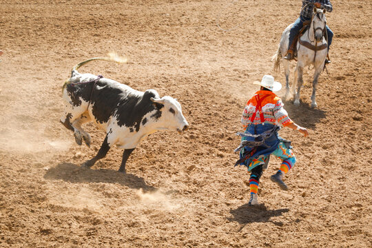 Rodeo clown running near a bull in the arena