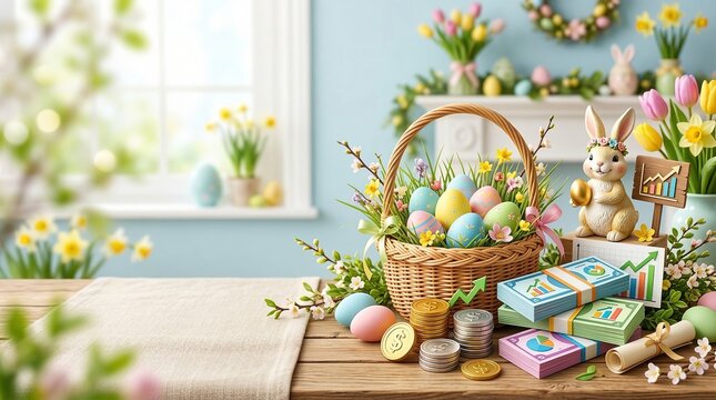 Easter basket overflowing with colorful painted eggs and adorable bunny figure beside stacks of cash and gold coins. Tulips and spring blooms on wooden table by window. Holiday prosperity and
