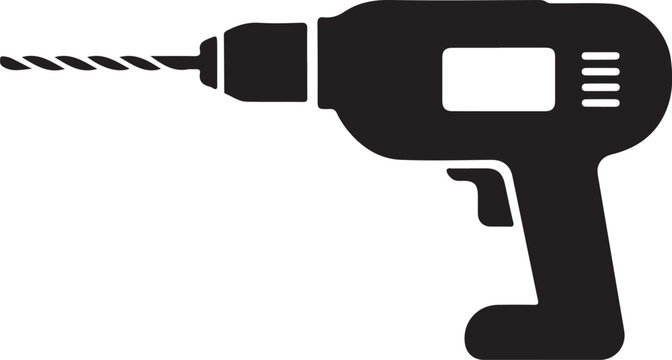 A black and white illustration of a corded power drill with a drill bit attached