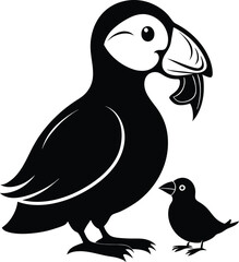 Fototapeta premium A minimalist black and white graphic illustration featuring a parent puffin standing with a chick