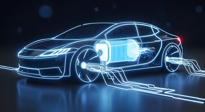 Transparent glowing electric car revealing internal battery pack representing futuristic automotive engineering and ev technology