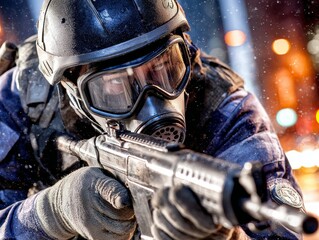 Obraz premium Soldier in gas mask aiming rifle combat action