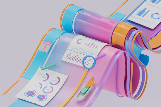 3D business report stream with dashboard, chart, and data path