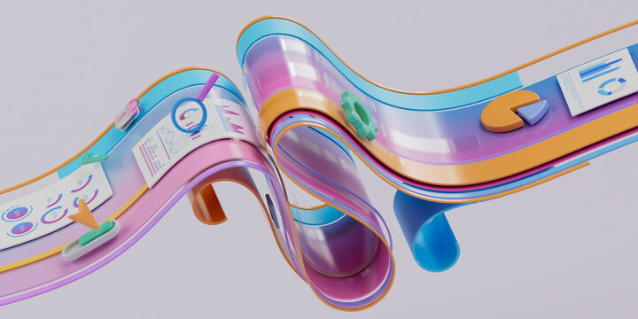 3D data pipeline dashboard with report, chart, and business flow