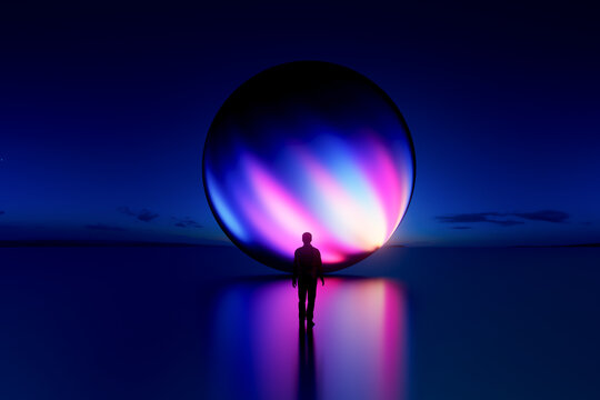 3D neon sphere horizon with human silhouette at dusk