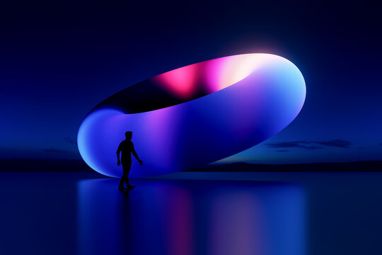 3D luminous torus form beside silhouette on dark horizon