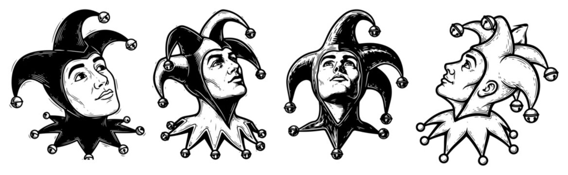 Jester head vector set Hand drawn vintage illustration of joker or fool character for tattoo or logo design
