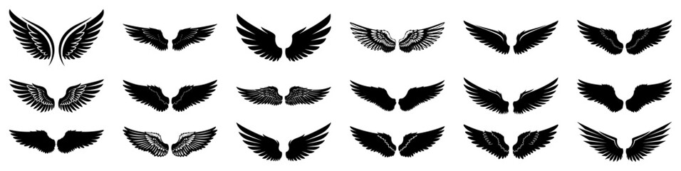 Fototapeta premium Wings vector icon set Angel and bird wings silhouette collection for tattoo logo and heraldic design