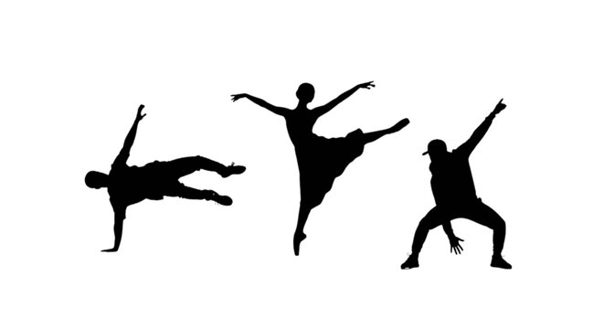 Dynamic silhouettes of breakdancing poses in mid-motion isolated on transparent background, Vector