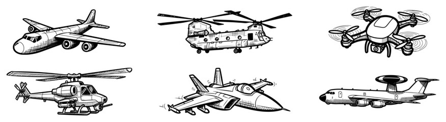 Aircraft and helicopter vector set Hand drawn sketch of airplane fighter jet drone and military transport © Aisha Kudorova