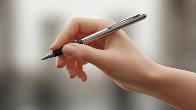 A person's hand holding a silver pen with a black tip