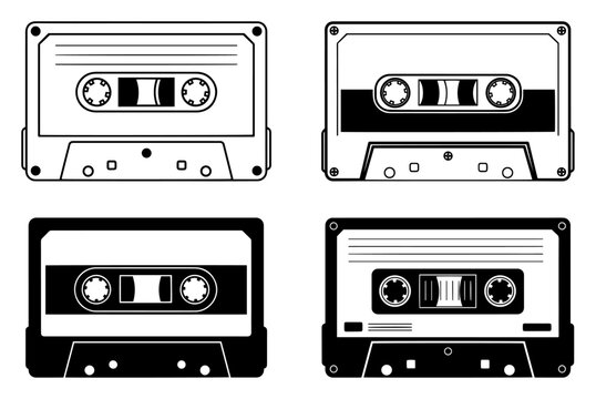 Audio cassette tape vector icon set Retro music media silhouette and outline collection from 80s and 90s