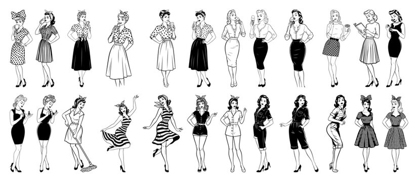 Big collection of retro pin up women in full body poses Vintage 1950s housewife character set in pop art comic style