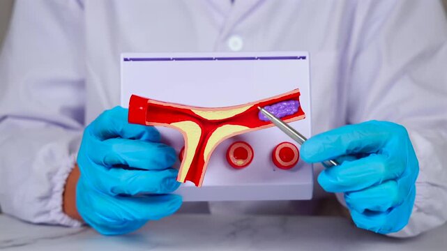 Gros plan sur un m&eacute;decin en train de montrer avec un stylo le mod&egrave;le 3D d'une art&egrave;re bouch&eacute;e avec de la graisse et un caillot de sang. En arri&egrave;re-plan, il est habill&eacute; avec une blouse blanche.