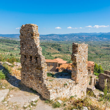 Panoramic view of Mystras archeological site with Palace of Despots below, Laconia, Peloponnese, Greece