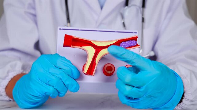 Gros plan sur un m&eacute;decin en train de montrer le mod&egrave;le 3D d'une art&egrave;re bouch&eacute;e avec de la graisse et un caillot de sang. En arri&egrave;re-plan, il est habill&eacute; avec une blouse blanche.