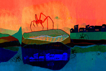 Ilustracja abstrakcja pająki, domy, geometria, barwne plamy. © Monika