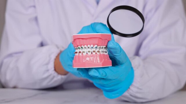 Un dentiste montant un appareil dentaire avec une loupe. En arri&egrave;re plan, il est habill&eacute; avec une blouse blanche m&eacute;dicale.