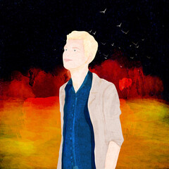 Ilustracja grafika młody człowiek o jasnych włosach patrzący w dal przed siebie na czerwonym abstrakcyjnym tle. © Monika