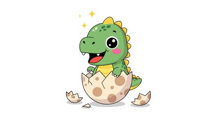 Obraz premium Adorable cartoon baby dinosaur hatching from cracked egg with sparkling yellow stars cute green creature playful