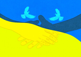 Ilustracja dwie dłonie w uścisku dwa białe gołębie pokoju na tle kolorów ukraińskiej flagi. © Monika