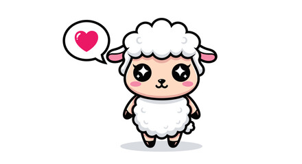 Fototapeta premium Adorable kawaii sheep character with sparkling eyes and heart symbol in speech bubble expressing love and affection