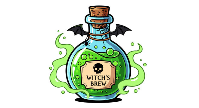 Mysterious glowing green witch's brew potion bottle with skull label and bat wings emitting magical smoke for halloween