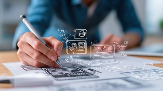 Designer sketching user interface wireframes for digital product development