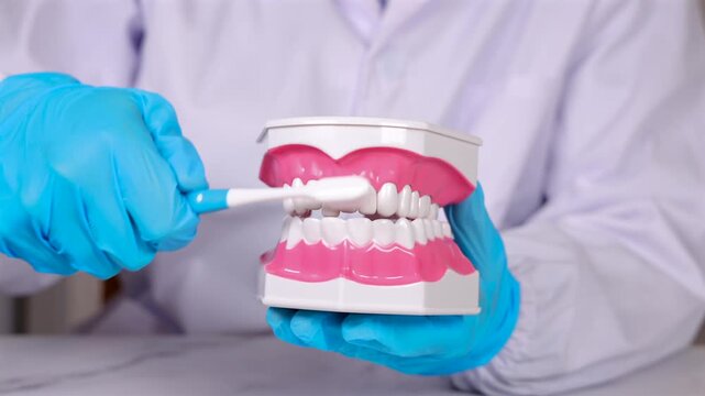 Un dentiste qui montre comment se brosser les dents avec une brosse sur mod&egrave;le 3D de dentier.