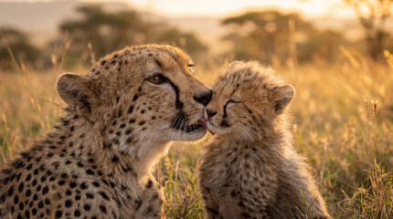 Fototapeta premium Cheetah mother licking and grooming her cub in the savanna at sunset, wildlife bonding and maternal care in the African wilderness during golden hour