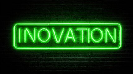 Obraz premium Green neon sign glows innovation on dark brick wall