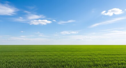 Naklejka premium Vast green field under a bright blue sky with scattered white clouds