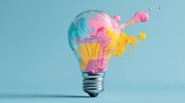 Light bulb exploding with colorful paint splashes