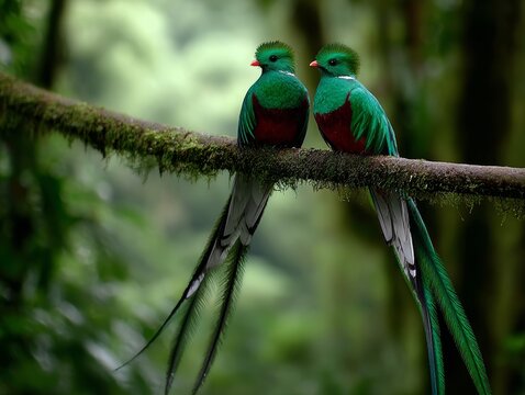 Resplendent quetzal pair perching on mossy branch in forest