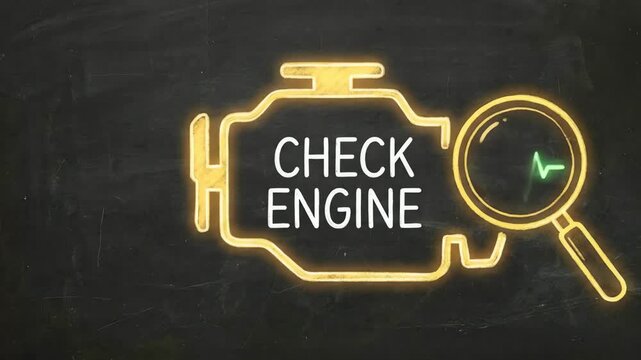 Hand pointing at a glowing 'check engine' symbol illustration on a dark chalkboard, signifying automotive diagnostic and maintenance.