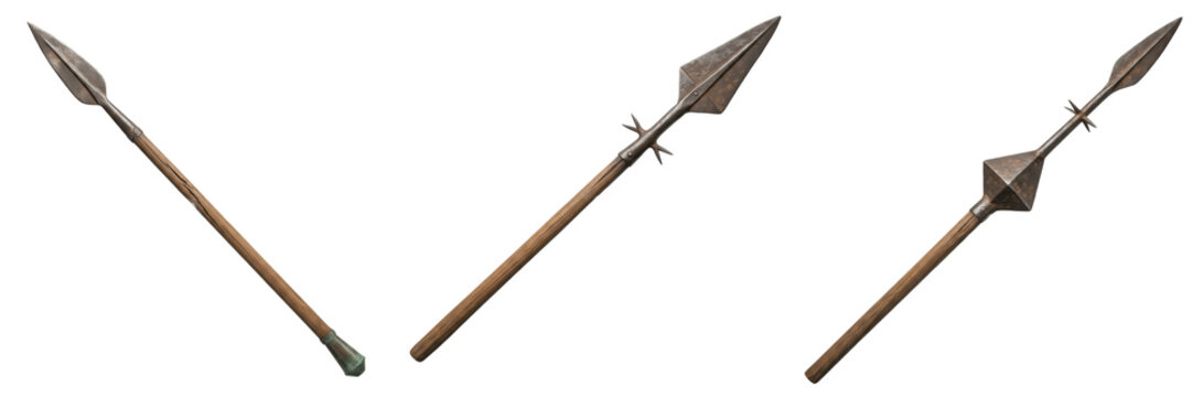 Set and collection of medieval iron spears and lances with wooden shafts and sharp metal tips isolated on white transparent png background