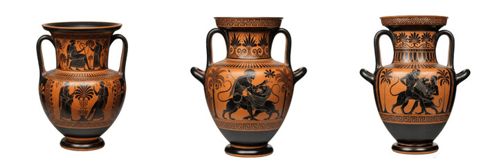 Set and collection of ancient Greek amphora pottery with black figure mythological illustrations 3D icons isolated on white transparent png background © made man