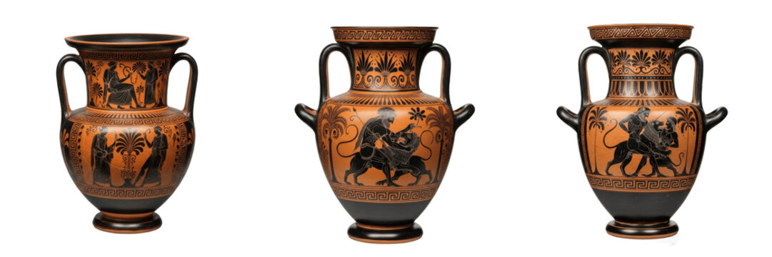 Set and collection of ancient Greek amphora pottery with black figure mythological illustrations 3D icons isolated on white transparent png background