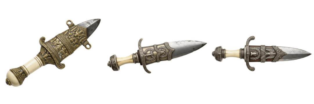 Set and collection of ancient roman pugio daggers with ornate brass sheaths and ivory handles 3D icons isolated on white transparent png background