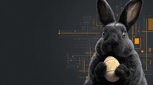 Seasonal cheer: happy bunny with an easter surprise. Futuristic technology. Charming black bunny holding a colorful easter egg on pastel. Smart systems. Intelligent systems.