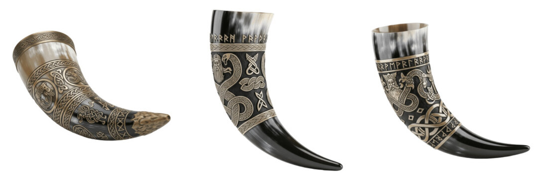 Set and collection of viking drinking horns with engraved nordic patterns and silver trim 3D icons isolated on white transparent png background