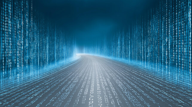 Vibrant digital binary code road representing data flow and information technology concept, with copy space