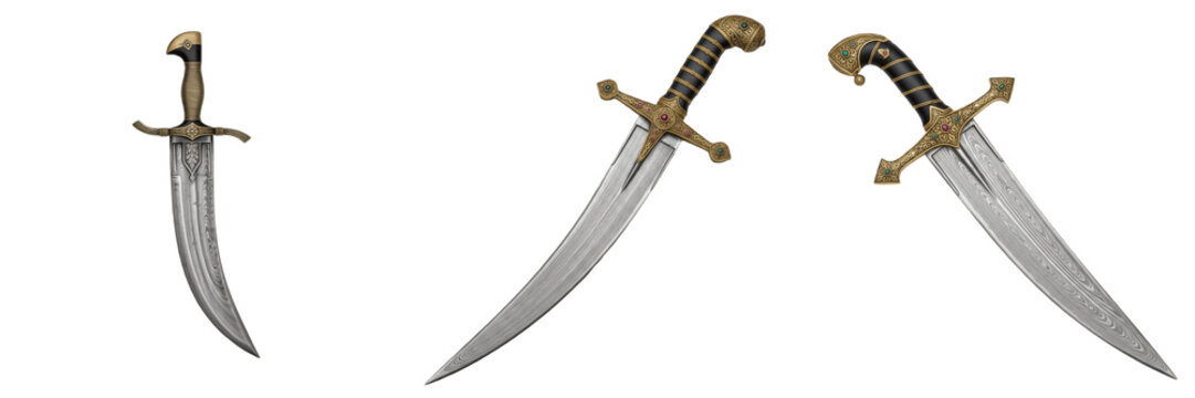 Set and collection of ancient middle eastern curved daggers with golden hilts and steel blades 3D icons isolated on white transparent png background